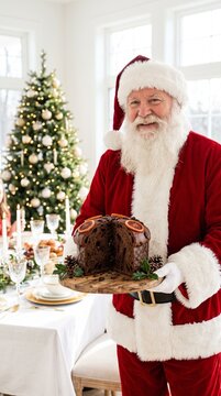 Santa Claus Proudly Presenting Dark Cocoa Panettone with Blood Orange Slices in Sunlit Room