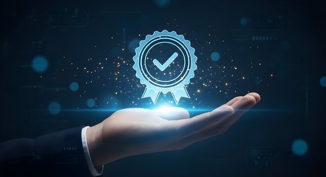 Quality Assurance and Trust businessman hand holding glowing digital certification badge with check mark icon ideal for corporate branding and quality control presentations.