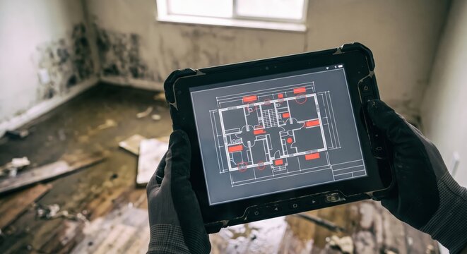 Tablet displaying floor plan in worn-out room renovation project