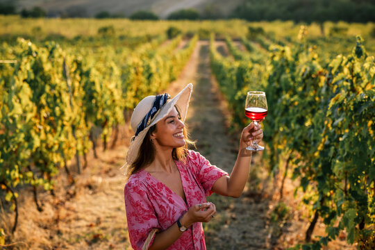 Woman holding up glass of red wine evaluating quality in vineyard