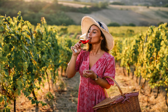 Woman drinking glass of red wine in sunny vineyard field