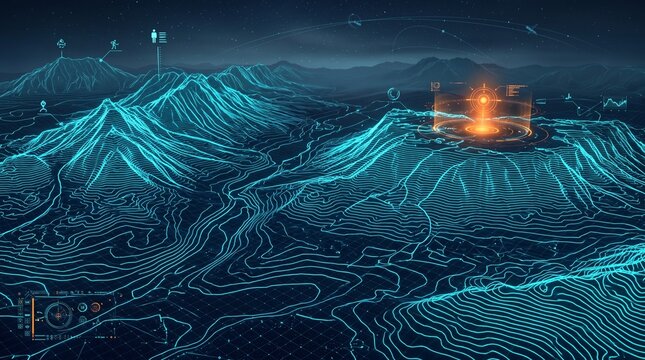 Futuristic topographic map displaying glowing data points and a central illuminated structure on a mountainous terrain. The landscape is rendered with intricate blue lines.