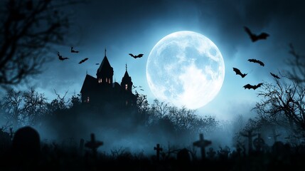 Fototapeta premium Haunted castle at night with full moon and graveyard