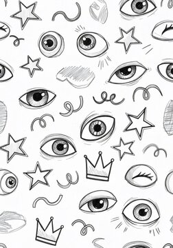 Whimsical Doodle Pattern: Eyes, Stars, Swirls, and Crowns