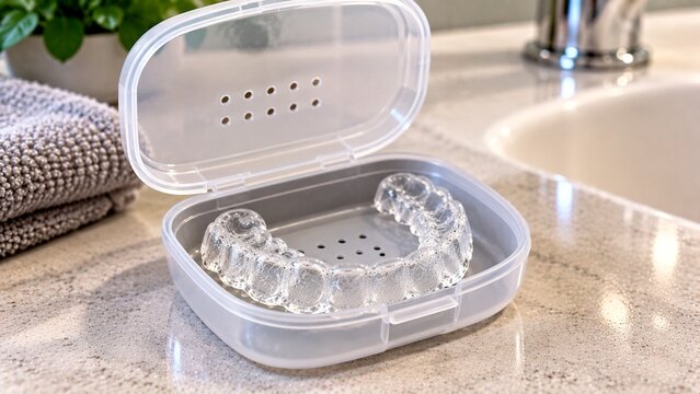 Clean transparent orthodontic retainer placed inside open ventilated generic plastic storage case on bathroom counter