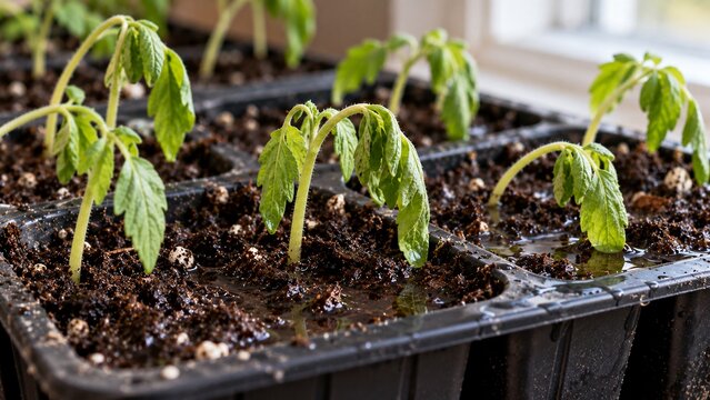 Close-up of young seedlings with noticeably curled downward leaves despite upright stems, realistic plant stress symptom