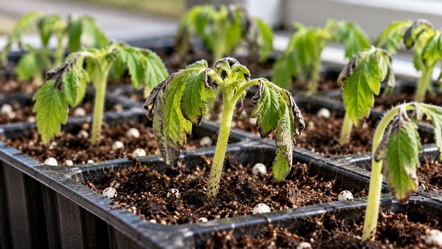 Young garden seedlings showing limp curled leaves and darkened damaged edges after exposure to cold temperatures