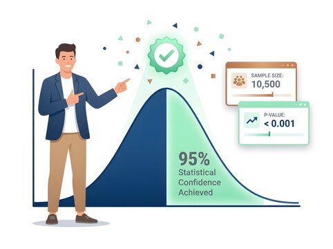 Data Analyst Celebrating Statistical Significance in AB Testing Bell Curve
