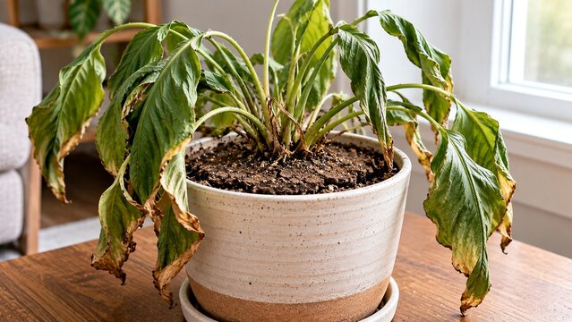 Potted houseplant with limp curled foliage and extremely dry soil visibly separated from sides of pot, realistic dehydration problem