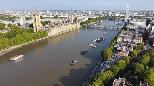 Westminster Skyline In London England United Kingdom. Westminster Palace. Whitehall Government Office. Big Ben Clock. Westminster Skyline In United Kingdom. London Eye Ferris Wheel. Landmark Bridge.