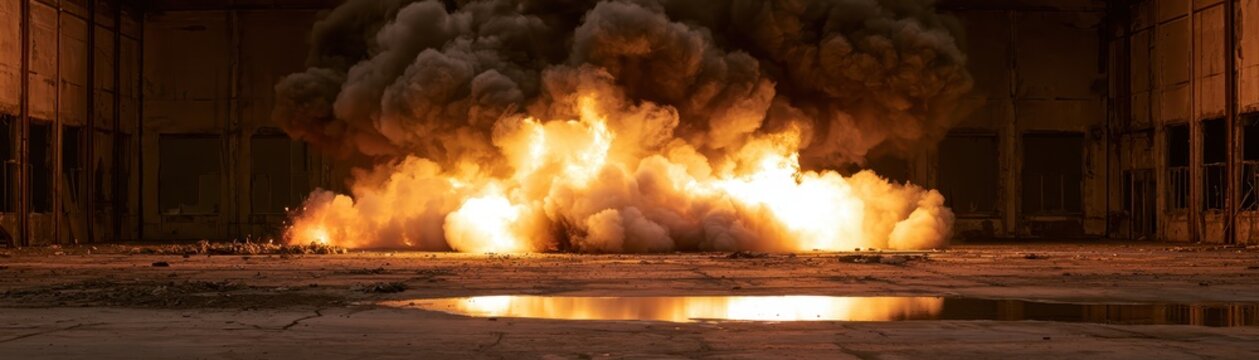 Massive explosion with bright orange flames and dark smoke inside an abandoned industrial warehouse
