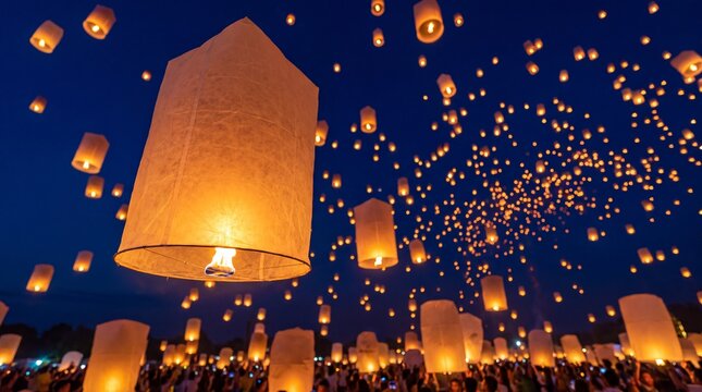 Thousands of lanterns floating into the night sky during Yi Peng festival, with a large crowd gathered below, soft golden glow illuminating faces