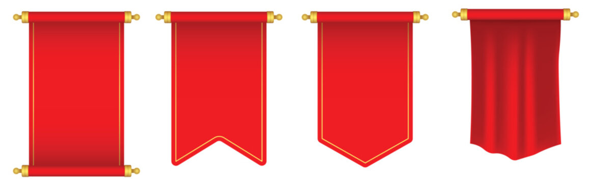 Red decorative hanging banners with gold borders isolated on transparent background
