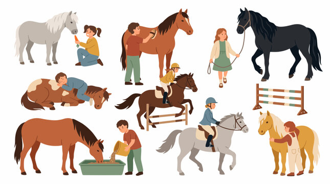 Flat vector set of happy children riding feeding grooming and caring for horses, illustrating equestrian sports learning, Symbolizing active childhood outdoor activities