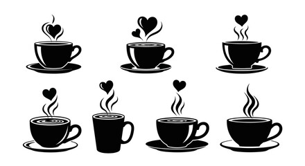 Obraz premium Minimalist coffee cup silhouettes with heart shaped aroma steam and liquid ripples for cafe identity and hot beverage advertising materials