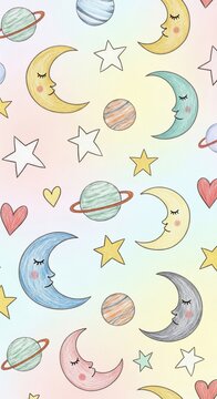 Whimsical celestial pattern with sleeping moons, stars, planets, and hearts on pastel gradient background.