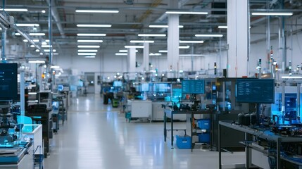 Obraz premium Modern factory interior with rows of workstations glowing monitors and industrial equipment under bright lighting