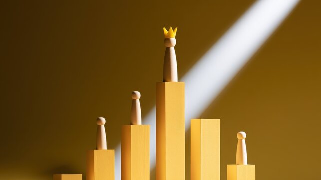 Wooden king figure wearing a golden crown standing on the highest podium in a chart