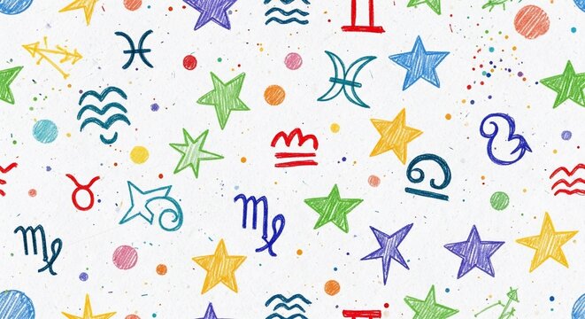 Colorful celestial symbols and star patterns on white background.