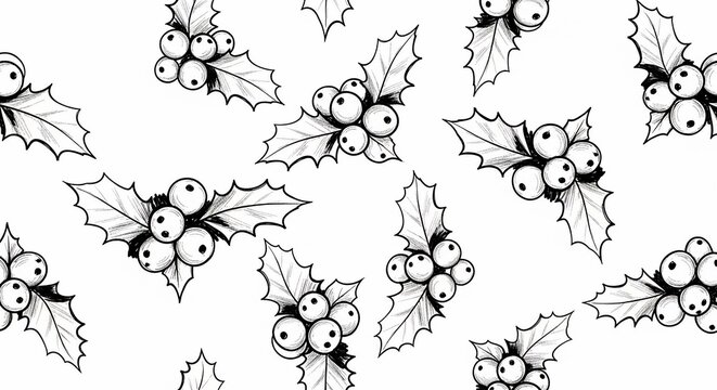 Hand-drawn festive holly pattern, winter botanical seamless background, monochrome seasonal graphic.