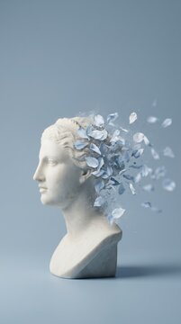 Classical marble bust dissolving into blue petals, representing transformation and letting go