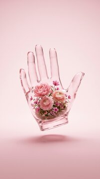 Translucent glass hand holding pink flower bouquet, symbolizing care and emotional fragility