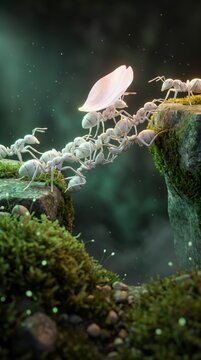 Ants forming a living bridge to carry a glowing petal, symbolizing teamwork and collaboration