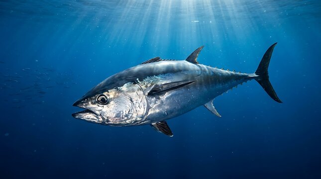 Large tuna fish swimming in deep blue ocean water with sun rays filtering through the surface.