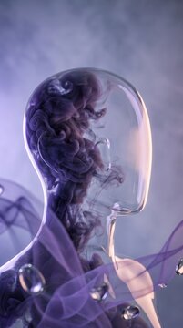 Glass head profile filled with swirling purple smoke, symbolizing mental clarity and deep thought