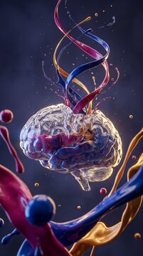 Glass brain with colorful liquid ribbons rising upward, symbolizing intelligence and creativity