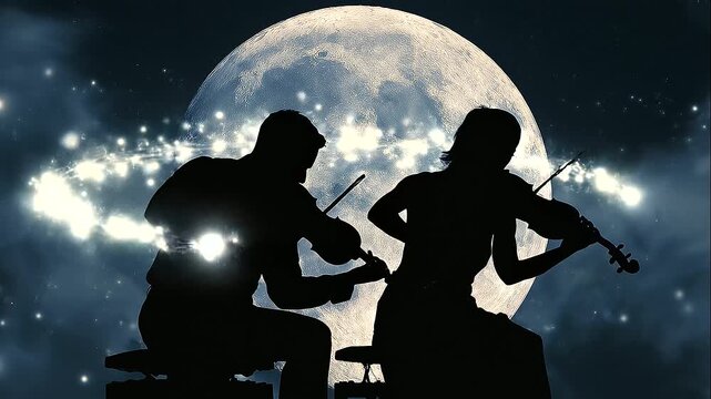 Silhouettes of two violinists performing back to back beneath a huge glowing full moon, bows and instruments outlined against a deep night sky, dramatic classical music and artistic performance concep