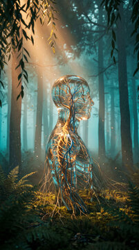 Glowing human figure with golden roots in a misty forest, symbolizing vitality and connection