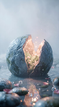 Cracked stone sphere on water revealing a hidden garden, symbolizing inner growth and potential