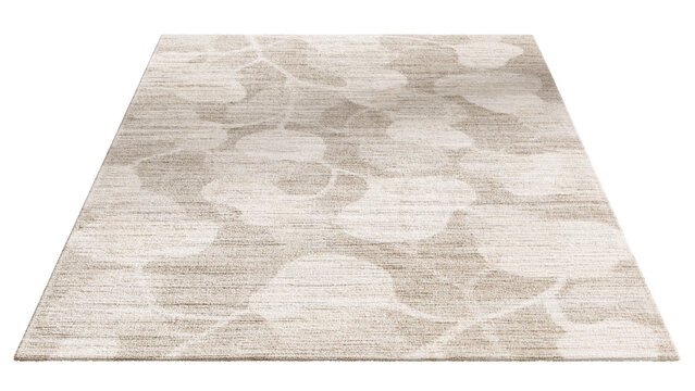Grey beige rug with a subtle Ginkgo leaf pattern and soft dense low pile, shown as a 3D render and visualization for modern neutral interiors.