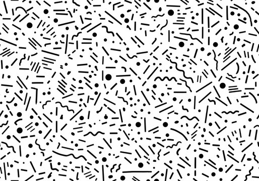 Abstract black and white confetti pattern, playful geometric shapes, scattered dots and lines, retro background texture.