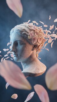 Marble bust dissolving into pink petals, symbolizing transformation and emotional release