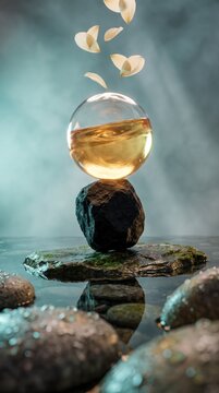 Golden liquid sphere balanced on a black stone in a zen water scene, symbolizing balance and calm