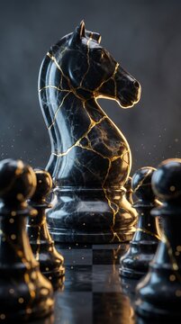 Black marble chess knight with gold kintsugi cracks among pawns, symbolizing leadership and strategy