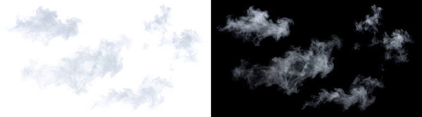 Obraz premium Scattered smoke patches floating separately with light wispy fragmented texture shown in PNG, Transparent and Black Background Versions for design