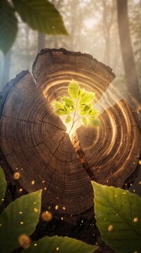 Tree stump with a glowing green sprout growing from its center, symbolizing forest renewal