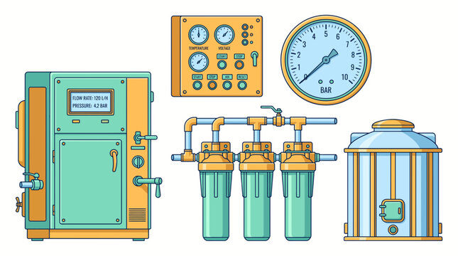 Industrial water filtration system equipment set with control panel gauge filters and tank illustration, illustrating technical engineering presentation and factory manufacturing process