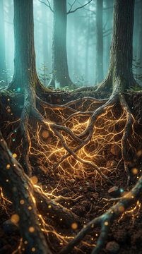 Forest tree roots glowing with a golden neural network, symbolizing connectivity and intelligence