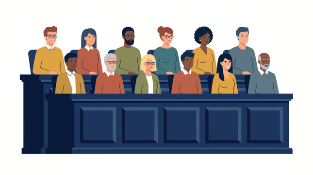 Diverse multiracial people sitting in courtroom jury box tribune on white background, illustrating legal trial process and judicial justice decision making