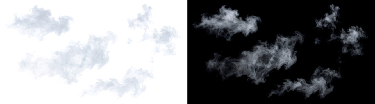 Scattered smoke patches floating separately with light wispy fragmented texture shown in PNG, Transparent and Black Background Versions for design