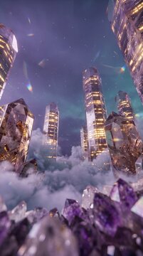 Crystal gemstone skyscraper skyline rising above clouds, symbolizing futuristic business ambition