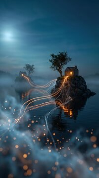 Two misty cottages connected by glowing light threads, symbolizing digital connectivity