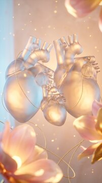 Three glass hearts connected by gold thread among flowers, symbolizing family happiness