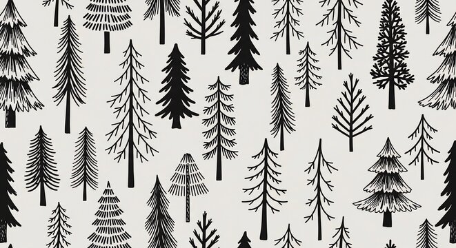 Patterned evergreen trees, sketched forest design, minimalist winter woodland motif.
