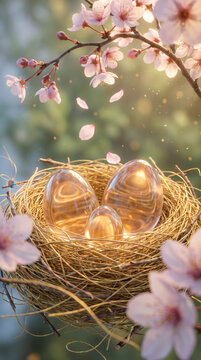 Glowing glass family eggs nesting among cherry blossoms, symbolizing new beginnings