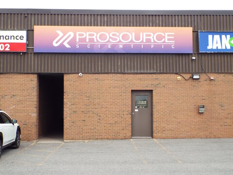 Gloucester, Ontario, Canada &ndash; July 23, 2026: The "Prosource Scientific" storefront features a purple and orange gradient company sign above a brick exterior wall and entrance door at 5370 Canotek Rd U